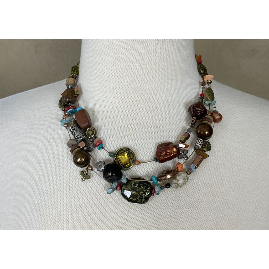 You And I Multi-Gemstone Triple Strand Southwestern Artisan Vtg 16in Necklace